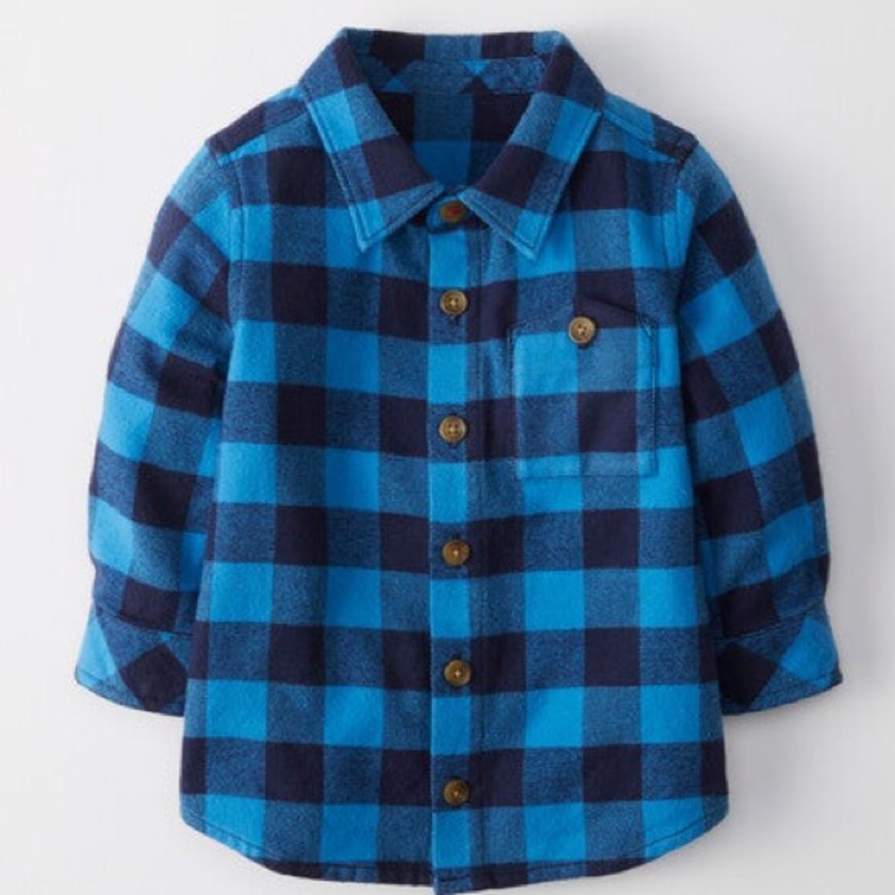 Hanna Andersson Blue and Navy Buffalo Plaid Button-Down Shirt. Size 12-18 months
